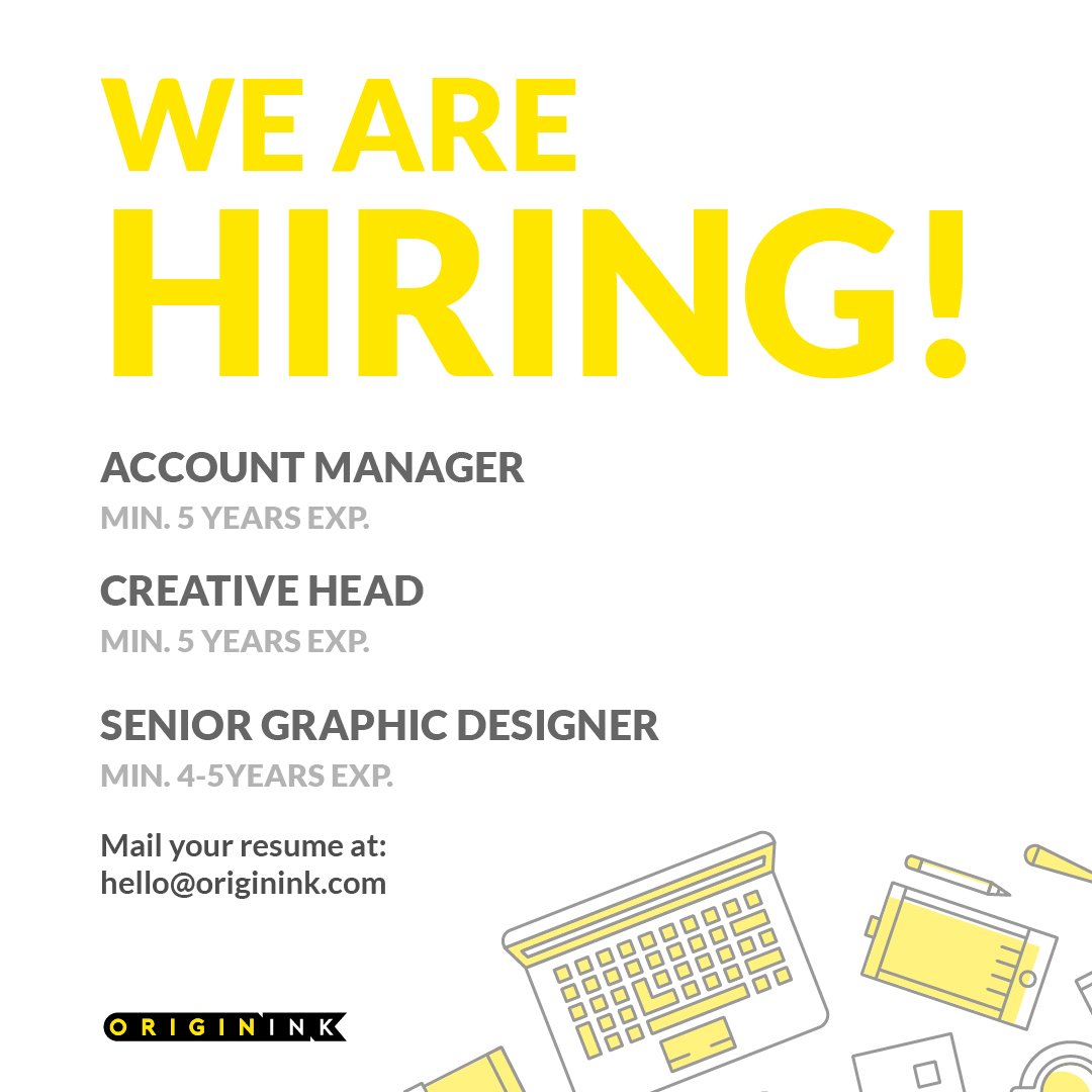 We're #Hiring!
Mail your resume and CVs at hello@originink.com
#Job  #DesignJobs #CreativeHead #AccountManager #GraphicDesigner #DesignAgencyJob #JobHunt #JobListing #NowHiring #JobSearch #Employment #Careers #Employment #JobSearch #DesignJobs #FilmmakingJobs