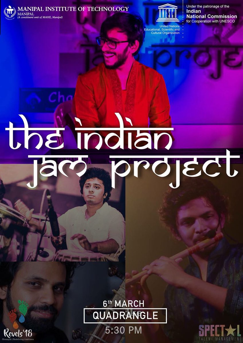RevelsMIT's tweet photo. The Indian Jam Project, founded by @tusharlall02, is an attempt to knit classical Indian tones into the script of #WesternMusic.
Catch them #live on 6th March for #Day0 of #Revels18 at MIT Manipal.
#Riwaayat #RedefiningTraditions
#TheIndianJamProject #Manipal https://t.co/Y6nIb4mesb