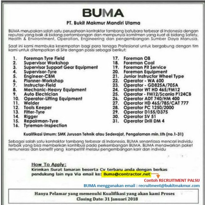 BUMAofficial's tweet photo. Hati-hati dengan Penipuan yang mengatasnamakan Recruitment BUMA.

BUMA Tidak Pernah Memungut biaya dalam bentuk papaun untuk Setiap Proses Recruitment yang dilakukan.

Mohon Bantu sebarkan informasi ini. https://t.co/cpA6yMHI0D