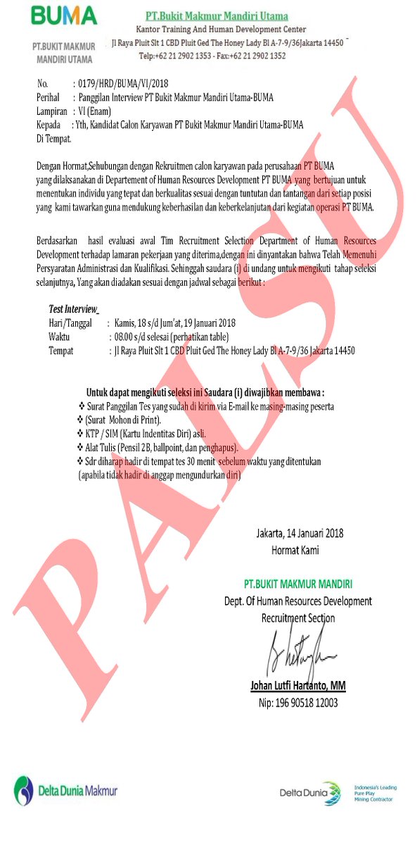 BUMAofficial's tweet photo. Hati-hati dengan Penipuan yang mengatasnamakan Recruitment BUMA.

BUMA Tidak Pernah Memungut biaya dalam bentuk papaun untuk Setiap Proses Recruitment yang dilakukan.

Mohon Bantu sebarkan informasi ini. https://t.co/cpA6yMHI0D