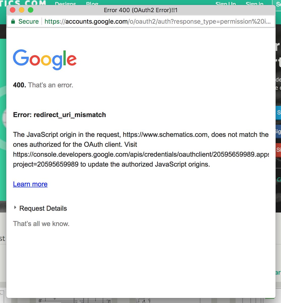 purplepillvr's tweet photo. @schematicscom having issues with Google sign in, see attached screenshot https://t.co/K5pIKKNCOj