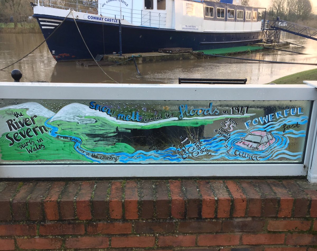 JPCurtinClimate's tweet photo. Fantastic work turning the glass on the #UptonuponSevern flood wall into flood awareness messages! Learn more about our #PrepareActSurvive campaign here https://t.co/SGurb705yI #floodaware #Severn https://t.co/fSohA85rjG