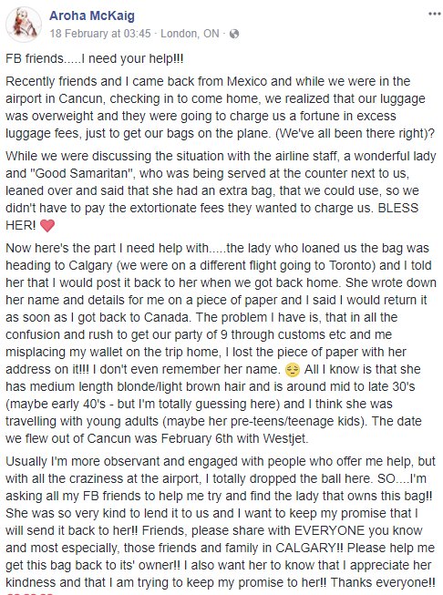 cmcalgary's tweet photo. February 6th flying from Mexico, some anonymous Calgarian lady loaned her extra bag to this couple heading to Toronto so they wouldn't have to pay extra baggage fees. They lost the piece of paper with her name/info on it.

Source: https://t.co/5GvP6p7YMP … #yyc #yyz https://t.co/XOr91tALoS
