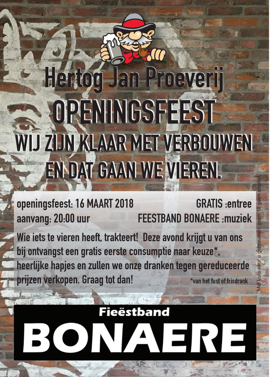 Bijna is het zover. Feestelijke #opening van onze eerst etage. Met lekkere #hapjes, #hertogjan #bier en een super optreden van #fieëstband #Bonaere op #16maart