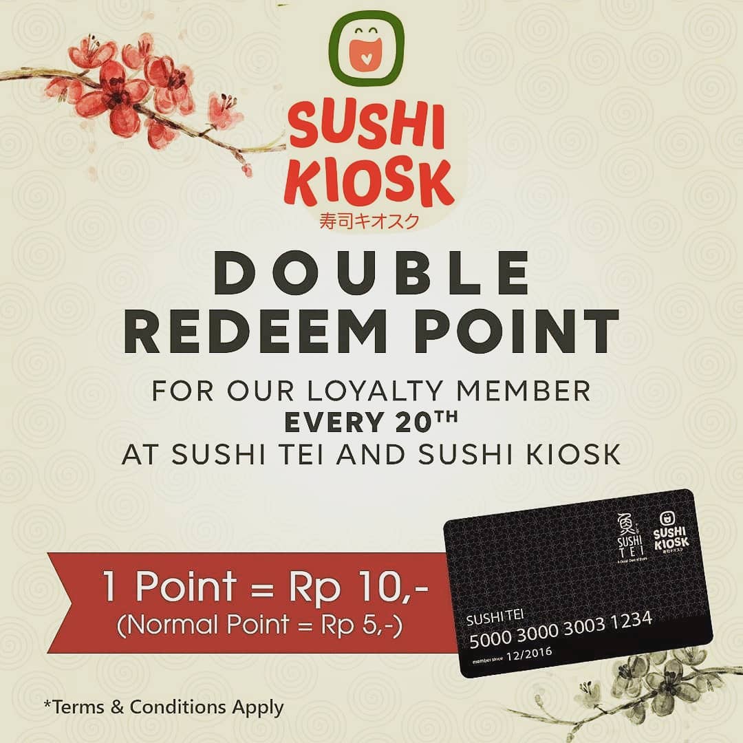Yes! Today is 20th 
1 point = Rp 10,-
Normal point = Rp 5,-
You can redeem your Double Points at Sushi Kiosk Puri Indah Mall. 
Dont miss it
T&amp;C apply.