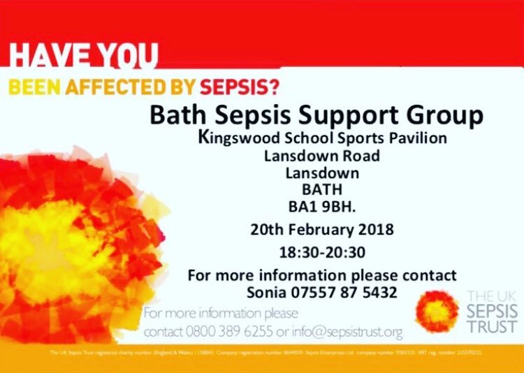 SepsisWarriors's tweet photo. *TONIGHT* TUES 20th Feb #BATH @UKSepsisTrust #SepsisSupportGroup! We would love to meet you & hear your story. No need to book, just turn up. Pls share with anyone who may have been affected by #Sepsis #PSS & #JustAsk #CouldItBeSepsis @drlesleyjordan @larrymatthews55 @SepsisUK https://t.co/yMDbdNcKUB