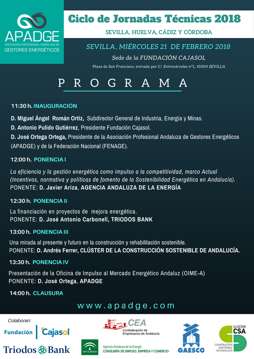 FENAGE_GE's tweet photo. Mañana 21 febrero,  JORNADAS TÉCNICAS APADGE 2018
En la sede de la @Cajasol  de Sevilla
Entrada gratuita
Inscripción: info@apadge.com  / 954 502 501  Te esperamos
https://t.co/44U8s4m9ma https://t.co/5mfYZ7NAyy