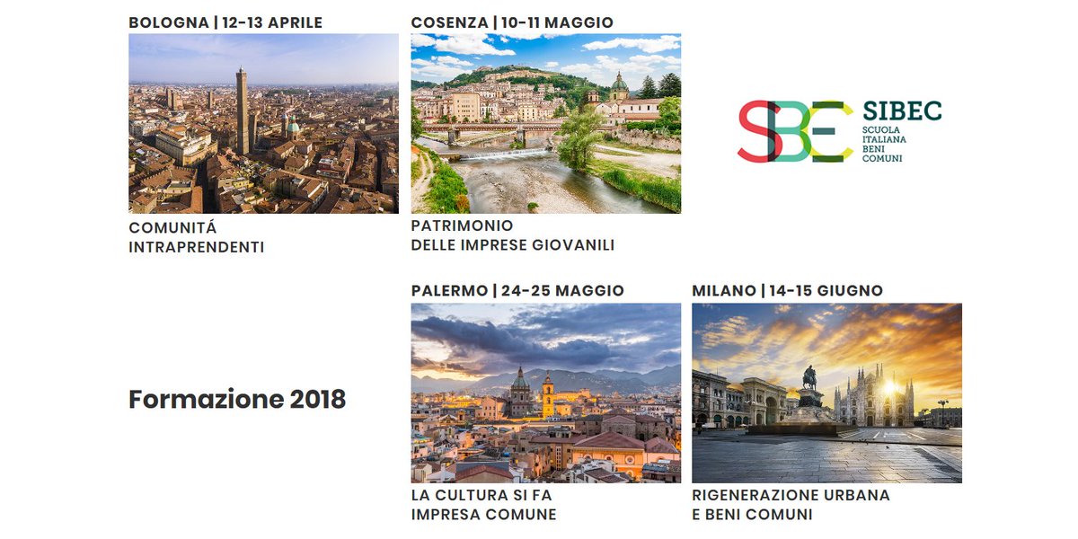 Beni comuni e dintorni? Riparte #SIBEC Scuola Italiana dei Beni Comuni!
Due le opportunità formative: il corso base che fa tappa a #Bologna #Cosenza #Palermo #Milano. E il SIBEC-Lab. Le iscrizioni per il I modulo di Bologna chiuderanno il 29 marzo 2018 bit.ly/2sDvOSZ