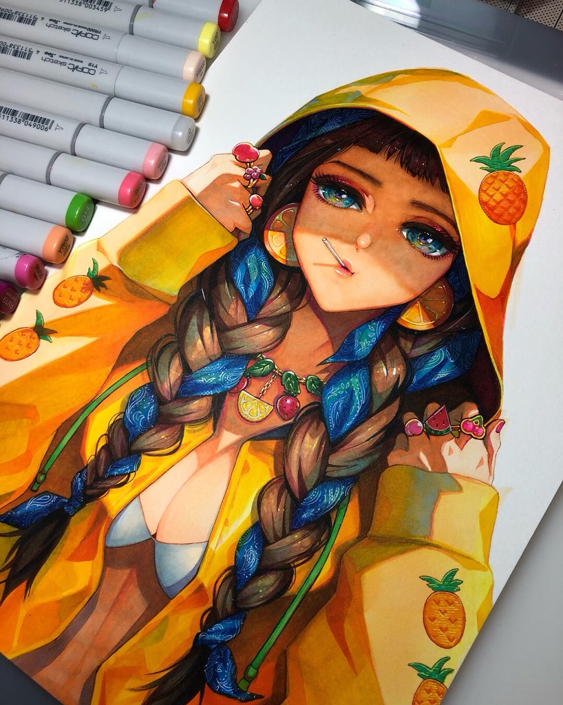 田島幸枝 Yukietajima 育児中 久々のコピック絵 今年入って初 5月のコミティアで出す創作ファッション誌風アナログイラスト本の表紙にする予定です アナログイラスト本といいつつほぼコピックしか使わない気がする コピック Copic T