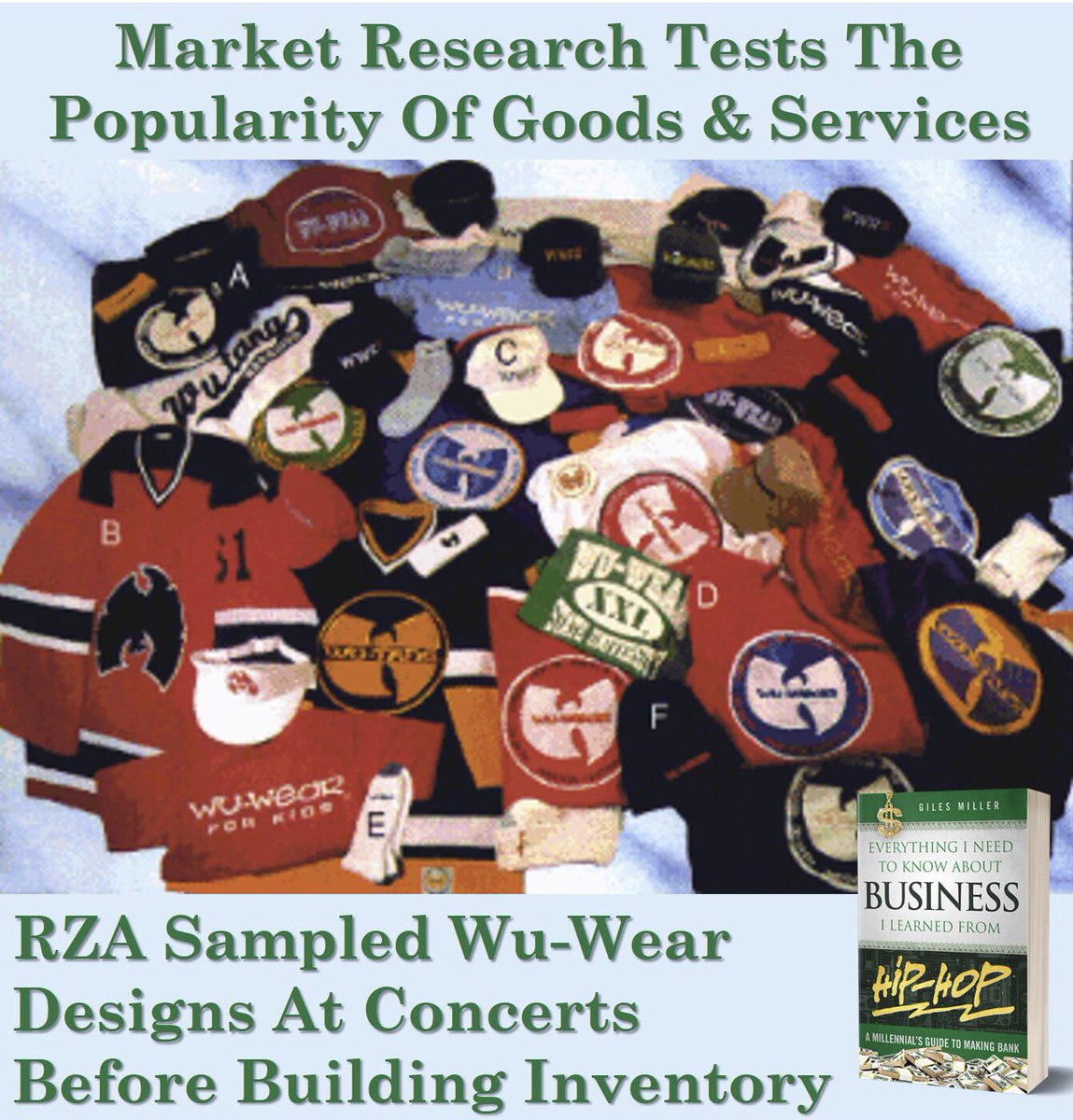GilesMiller1's tweet photo. #RZA and #Power didn't want to make stuff that wouldn't sell. They ensured people liked what they had first. #WuTang fans got to see samples @ concerts. When people liked what they saw, They #WuWear was born

Learn business management at https://t.co/JNJhaqoOFL

#hiphop #hiphoped https://t.co/VPZXykTNls