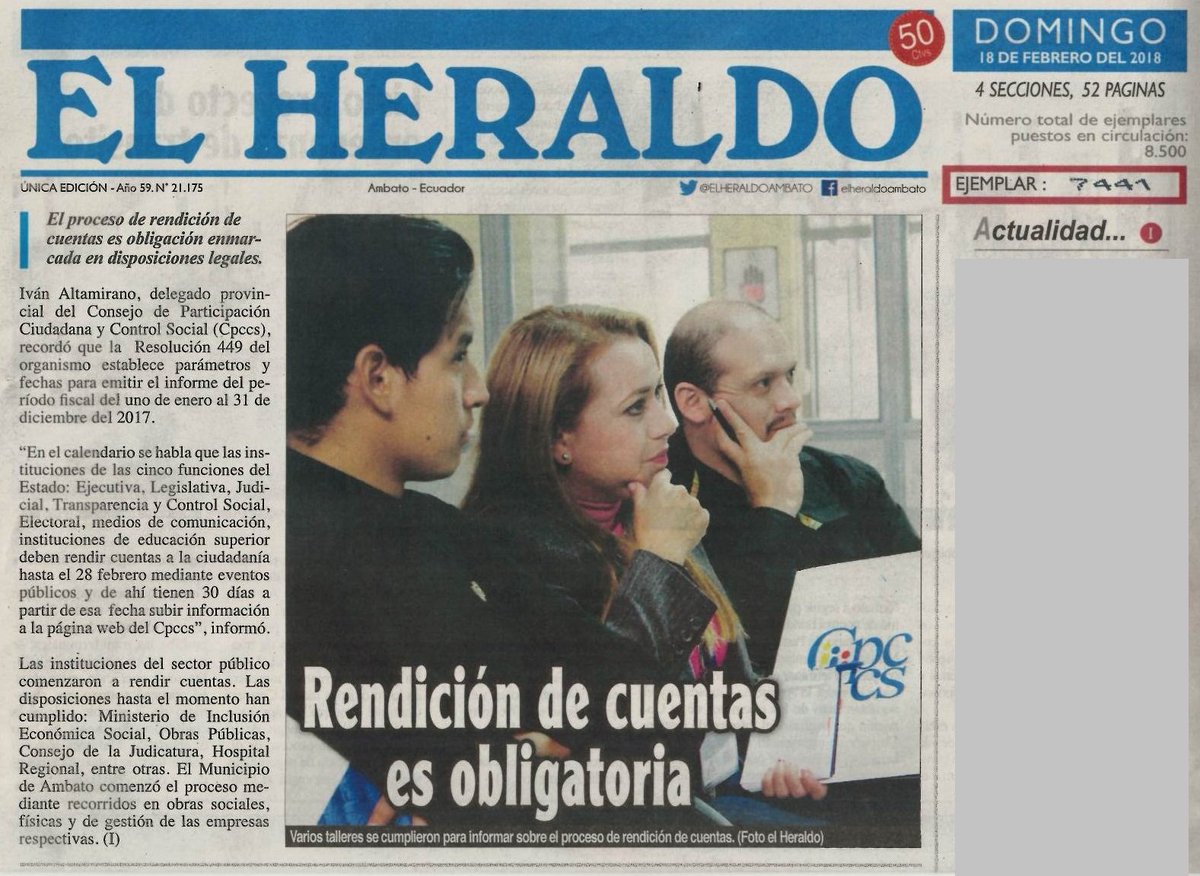 PORTADA| Rendición de cuentas es Obligatoria #ElHeraldo <a href="/CPCCS/">Carlos P. Carcelén Caicedo</a> #Tungurahua