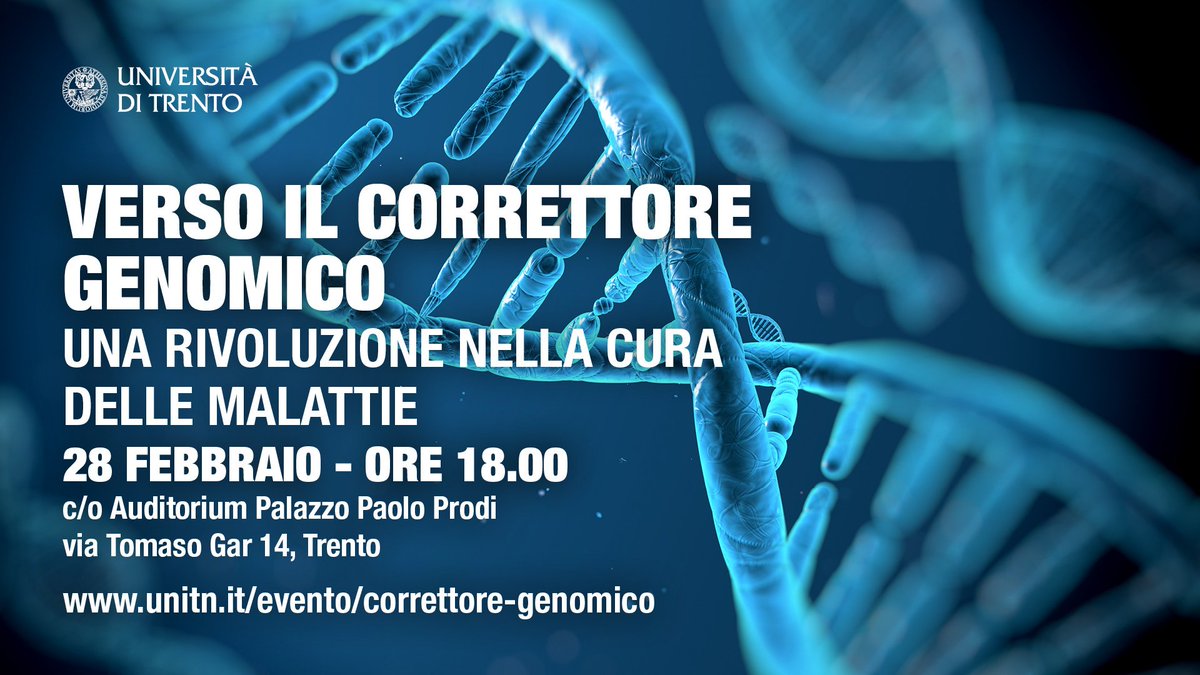 28/2, ore 18 | Verso il correttore genomico. Una rivoluzione nella cura delle malattie. A pochi giorni dalla scoperta della proteina evoCas9, il team di ricerca del <a href="/CIBIO_UniTrento/">CIBIO - UniTrento</a> organizza una #conferenza aperta al pubblico webmagazine.unitn.it/node/34676