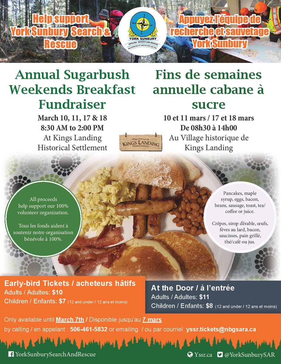 YorkSunburySAR's tweet photo. York Sunbury Search &amp; Rescue is holding its 26th Annual Sugarbush Breakfasts @ Kings Landing on March 10-11 and March 17-18. Please join us and help support our team. https://t.co/GjQWmmkN4w