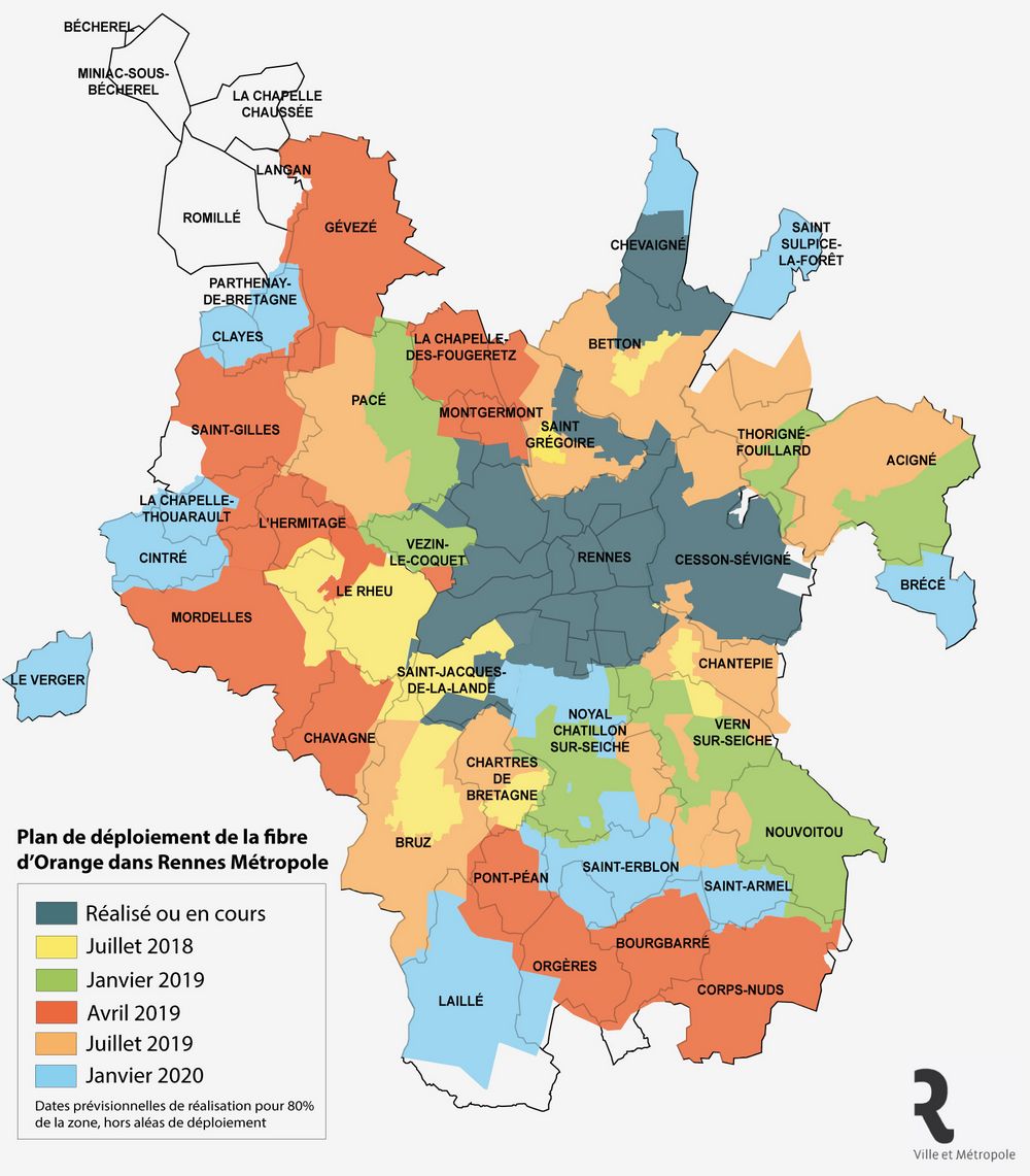 metropolerennes's tweet photo. Quand la #FibreOptique arrivera-t-elle dans votre commune? Voici la carte du déploiement du réseau à très haut débit d'@orange dans #Rennes Métropole. Couverture à quasi 100% dans trois ans! L'info en détail > https://t.co/WxRCpHnU9L  #Internet #THD https://t.co/CY8MAgtkwK