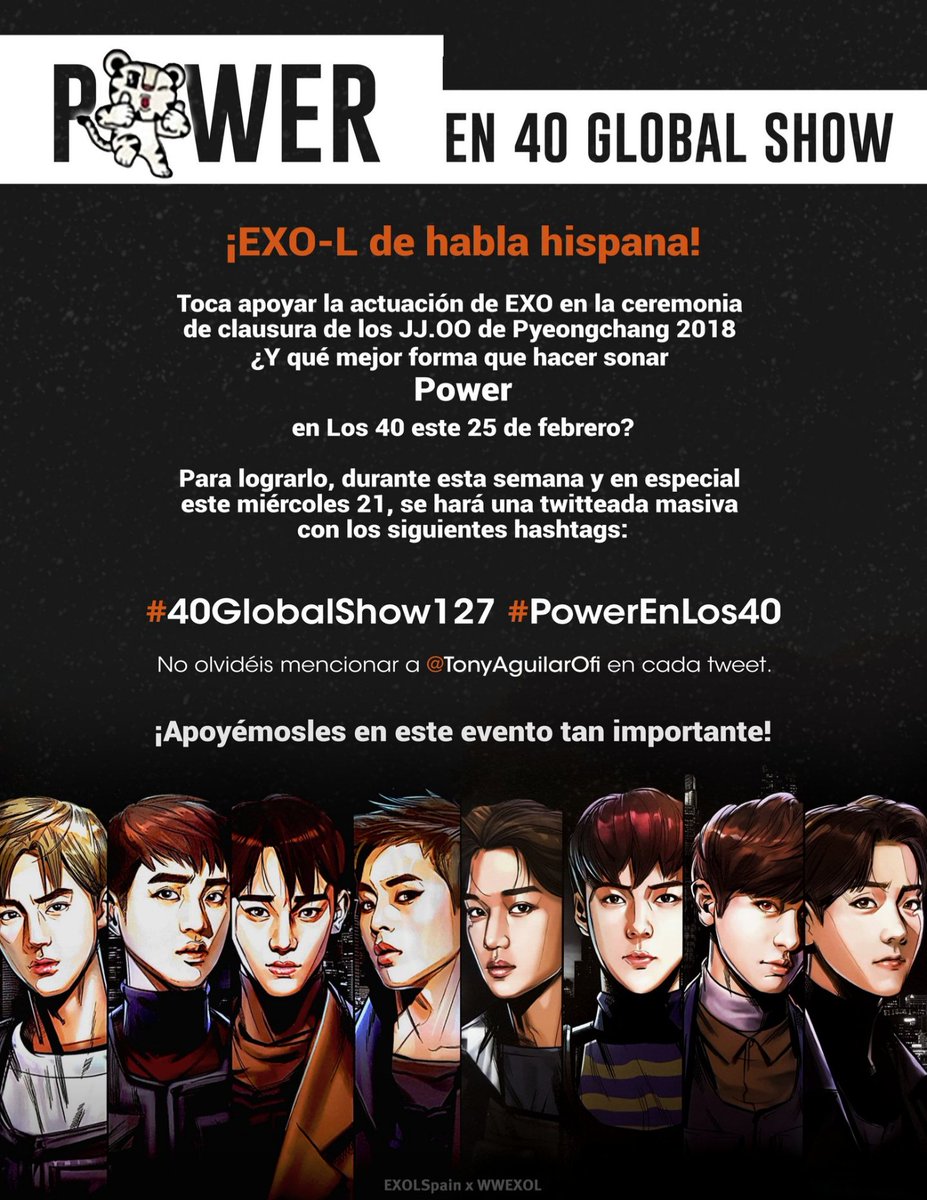 TonyAguilarOfi's tweet photo. EXO-L el domingo en 12 países celebraremos la actuación de @weareoneEXO en la clausura de los JJOO 🎿⛸ escuchando POWER #40GlobalShow127 https://t.co/OVNPUmYV8g