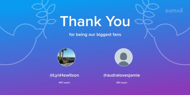 Our biggest fans this week: <a href="/LynHewitson/">Mrs Lyn Hewitson</a>, <a href="/audralovesjamie/">Audra</a>. Thank you! via sumall.com/thankyou?utm_s…