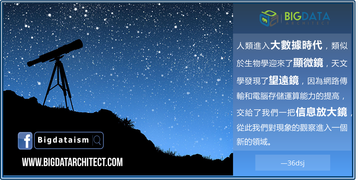 Bigdatarch's tweet photo. 人類進入 #大數據 時代，類似於生物學迎來了 #顯微鏡 天文學發現了 #望遠鏡 因為網路傳輸和電腦存儲運算能力的提高，交給了我們一把信息放大鏡，從此我們對現象的觀察進入一個新的領域 #BigData | #scope | #Computing | #Tech | #AI | #fintech | #數據 | #人工智能 | #區塊鏈 | #比特幣 | #smart | https://t.co/jcHHQ7oKZf