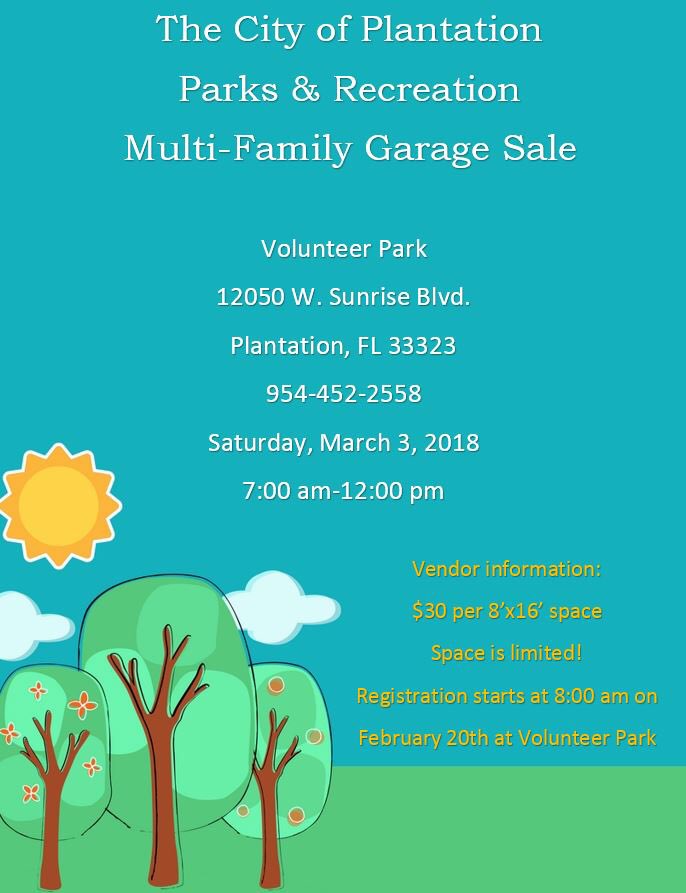 PlantationParks's tweet image. Vendor registration is now open for our multi-family garage sale. Space is limited, stop by Volunteer Park to register! #plantationparks #garagesale #gotjunk #springcleaning #yardsale