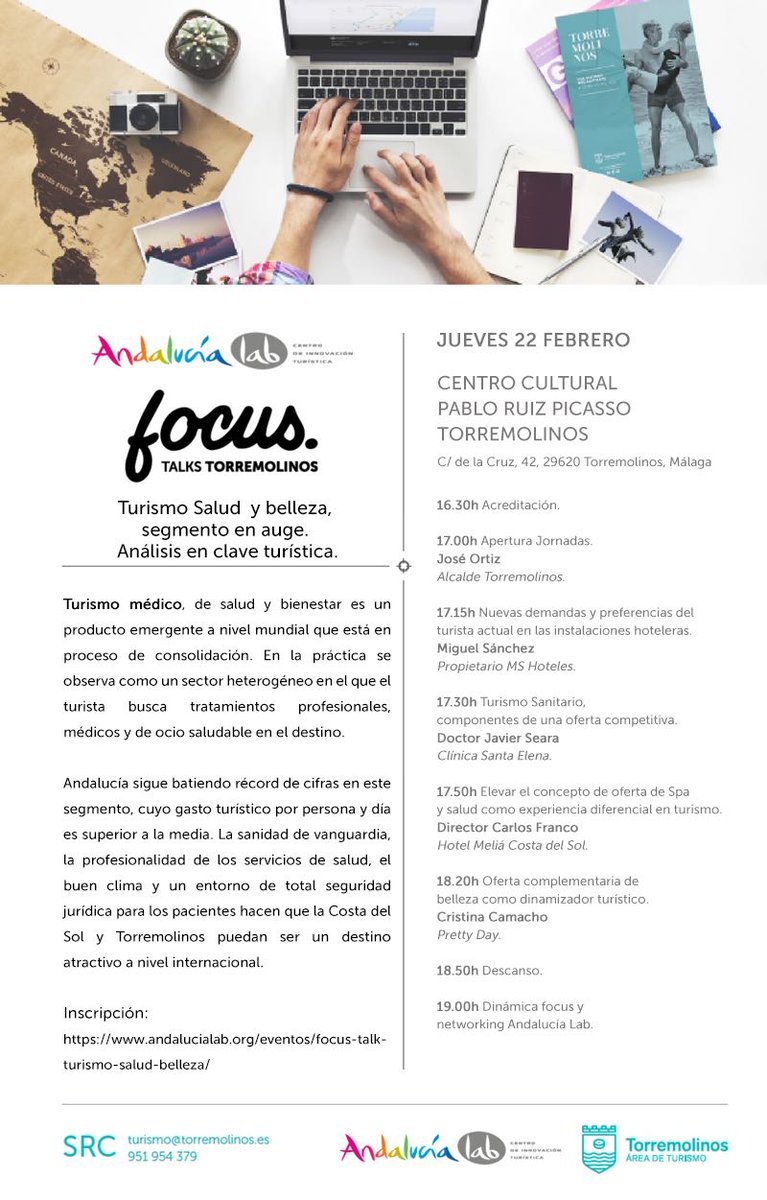 Torremolinos_On's tweet image. #Torremolinos albergará el 3º encuentro #FocusTalks, sobre #Turismo de #Salud y #Belleza ⏰ 22 Febrero | 16.30h 📍 Centro Cultural Pablo Ruiz Picasso 📌 @andalucialab 🎫 Acceso gratuito | INSCRIPCIONES 🔚 Hasta 21 Febrero 📲 bit.ly/2F50yxu bit.ly/2olreDF