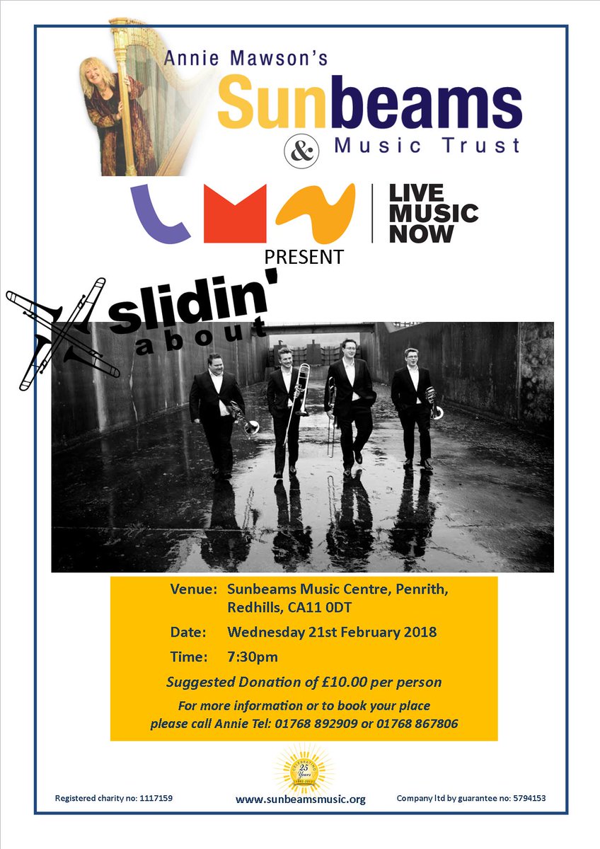Sunbeams_Music's tweet photo. Today we welcome Slidin' About to the Sunbeams Centre who kick off their @LiveMusicNowUK tour in Cumbria this week with Warcop School and @hunterhall_sch joining us this morning 🎼🎧our Wednesday evening concert is open to all, 7.30pm at the @Sunbeams_Music Centre see this flyer https://t.co/saPORPotQG
