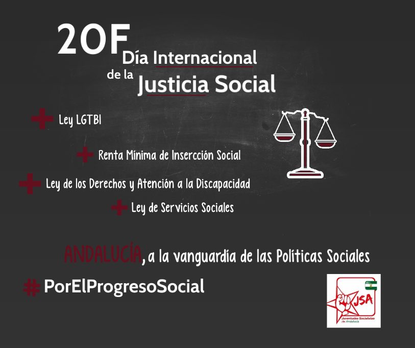JSAGranadaCEP's tweet photo. En el Día Internacional de la Justicia Social queremos destacar la labor que se realiza en Andalucía mediante políticas sociales activas y progresistas,cuyo objetivo es la justicia social.
Andalucía, a la vanguardia de las Políticas Sociales.
#PorElProgresoSocial https://t.co/9Nvk7ZwqXK
