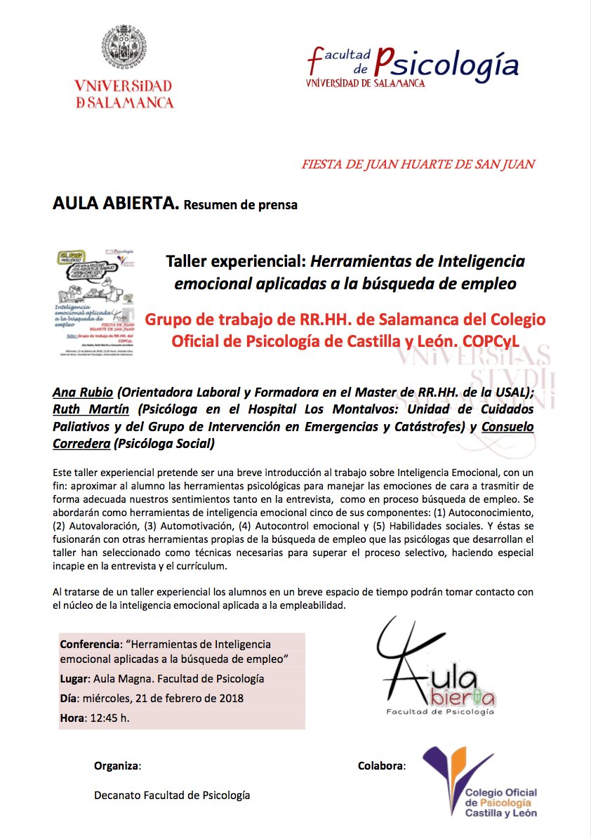 Mañana tendrá lugar en #Salamanca un taller de Recursos Humanos. La conferencia será a las 12:45 h en el Aula Magna <a href="/PsicologiaUSAL/">Psicología USAL</a> 
¡Os esperamos! #Psicología #Copcyl