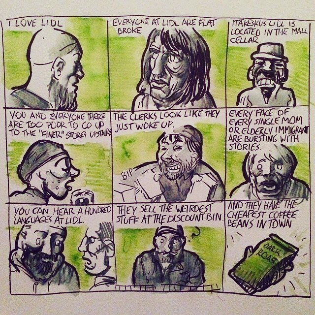 Karsteinvolle's tweet photo. Another one from the #improvember thing. Not sure if Lidl appreciates this endorsement. #comics #improvisedcomics #lidl #bestcoffeebeans https://t.co/4Bw1pqiOHG https://t.co/nn39KU7pay