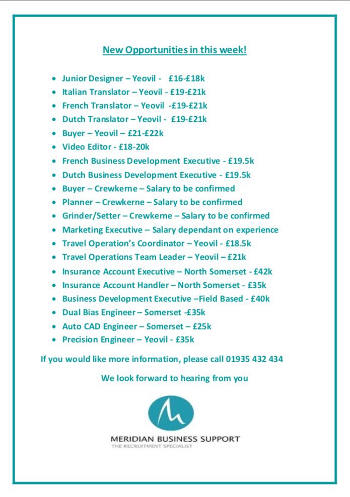 MeridianYeovil's tweet photo. The job market is booming at the moment! Are you looking for a new challenge? A new opportunity? We have some fantastic jobs available at the moment. Please call Meridian Business Support, Yeovil for more information on 01935 432434. 😊 #newjob #yeoviljobs #career #recruitment https://t.co/F8EAsfXSK3