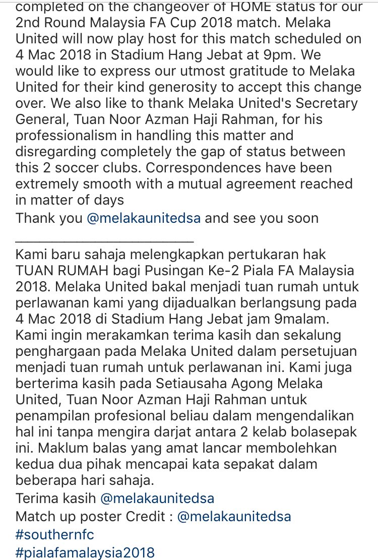padangbolasepak's tweet photo. Update from Southern FC via their Instagram page about the upcoming round 2 #PialaFA2018 game against Melaka United on March 4, 2018.
#SouthernFC.
#PialaFA2018.
#KitaCiptaSejarah. https://t.co/ES5IfPVaDL