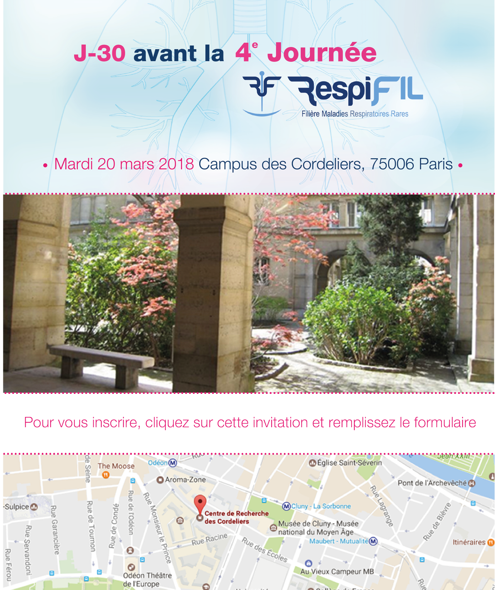 HopitalTenon's tweet photo. [Journée #RESPIFIL] : La 4ème journée de la Filière des Maladies Respiratoires Rares se déroulera le mardi 20 mars 2018, au #Campus des #Cordeliers à Paris! @RespiFIL https://t.co/SaSEq8cp55