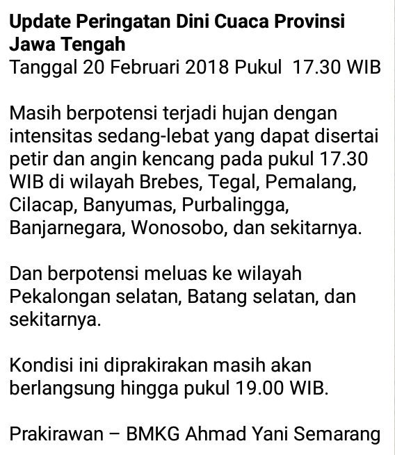 bmkg_semarang's tweet photo. UPDATE Peringatan Dini Cuaca Provinsi Jawa Tengah 
Tanggal 20 Februari 2018 pukul 17.30 WIB https://t.co/rgRbgaDyyk