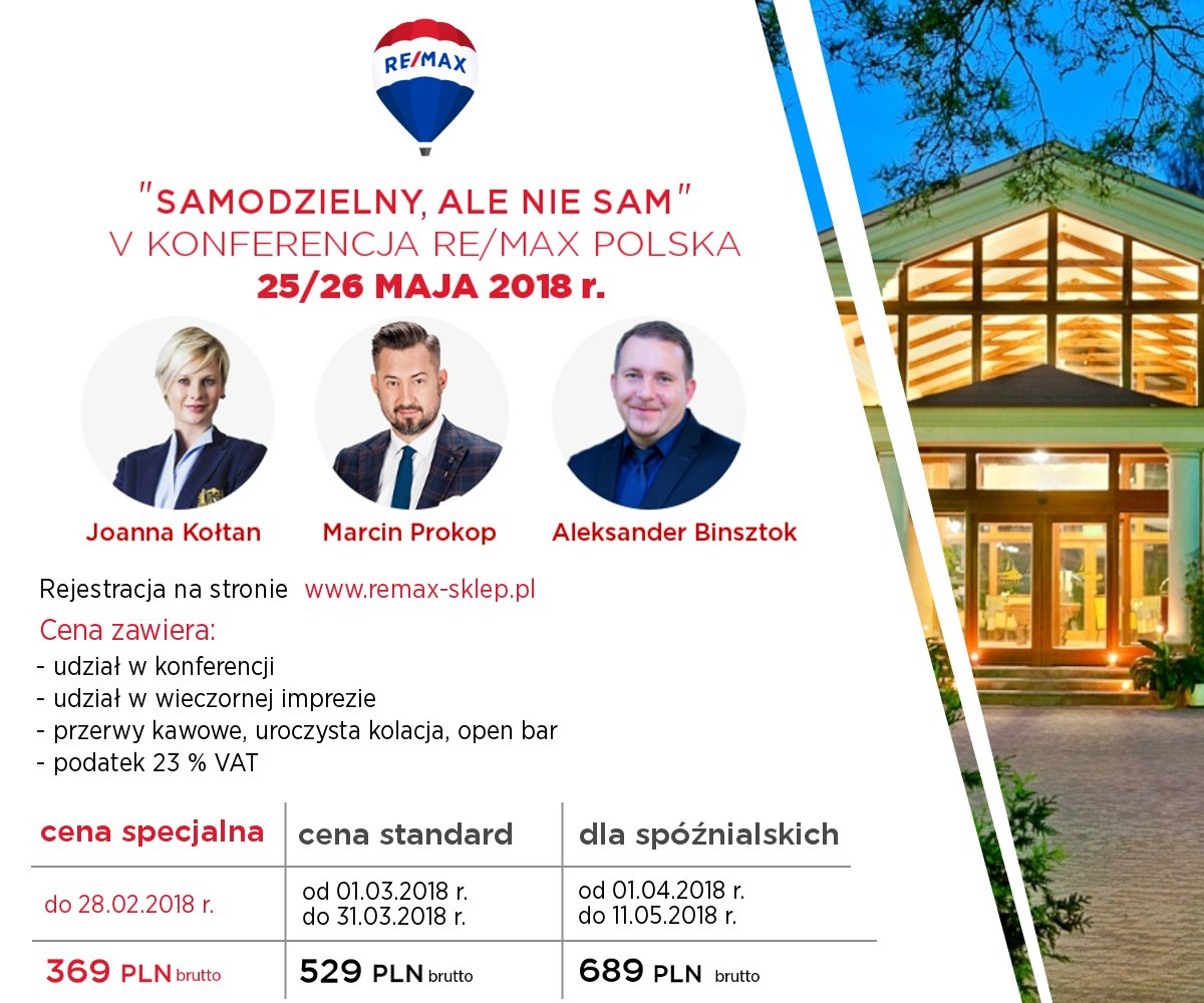 Zapraszamy na V Konferencję RE/MAX Polska "Samodzielny, ale nie sam".
25 maja 2018 r. spotykamy się w Hotel Magellan*** SPA &amp; Business, który znajduje się w samym sercu Sulejowskiego Parku Krajobrazowego w Bronisławowie. #nieruchomości #konferencja #szkolenia