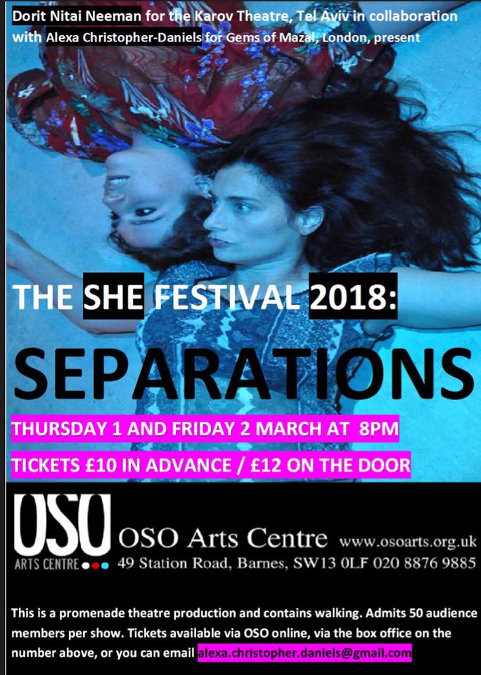 Only 9 days to the #shefestivalseparations at the #osoartscentre in beautiful Barnes, celebrating female narratives on parting, tickets just a tenner in advance, #booknow! @OSOArtsBarnes @LyricHammer @BBCWomansHour @IsraeliArtists @IsraelinUK @SWLondonmums @caitlinmoran