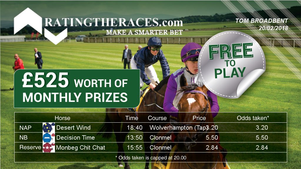 TomTomTomyB's tweet photo. My #RTRNaps are Desert Wind @ 18:40 &amp; Decision Time @ 13:50 - Sponsored by @RatingTheRaces https://t.co/WMaC2z0wJC