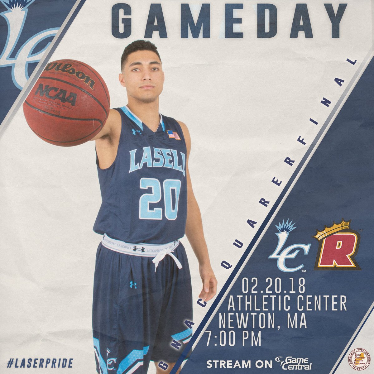 LasellAthletics's tweet photo. GAMEDAY! Men’s Basketball - GNAC Quartefinal

🆚 Regis (@GoRegisPride) 
🕛 - 7:00PM
📺 - https://t.co/JqGaMH03wf 
📊 - https://t.co/eqrU2BEuGc
PROGRAM: https://t.co/2q73aWjQ4T

#LaserPride https://t.co/ooEPkeqnBJ