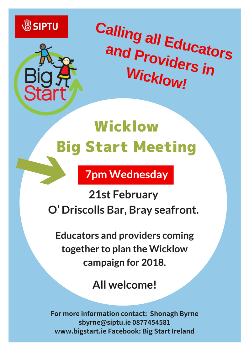 EarlyYearsUnion's tweet photo. Calling all Wicklow educators and providers!
Join us on Wednesday, 21st February at 7pm to plan and discuss the Wicklow Campaign for 2018.
#JoinBigStart #LoveEarlyYears https://t.co/JzlURbRBEE