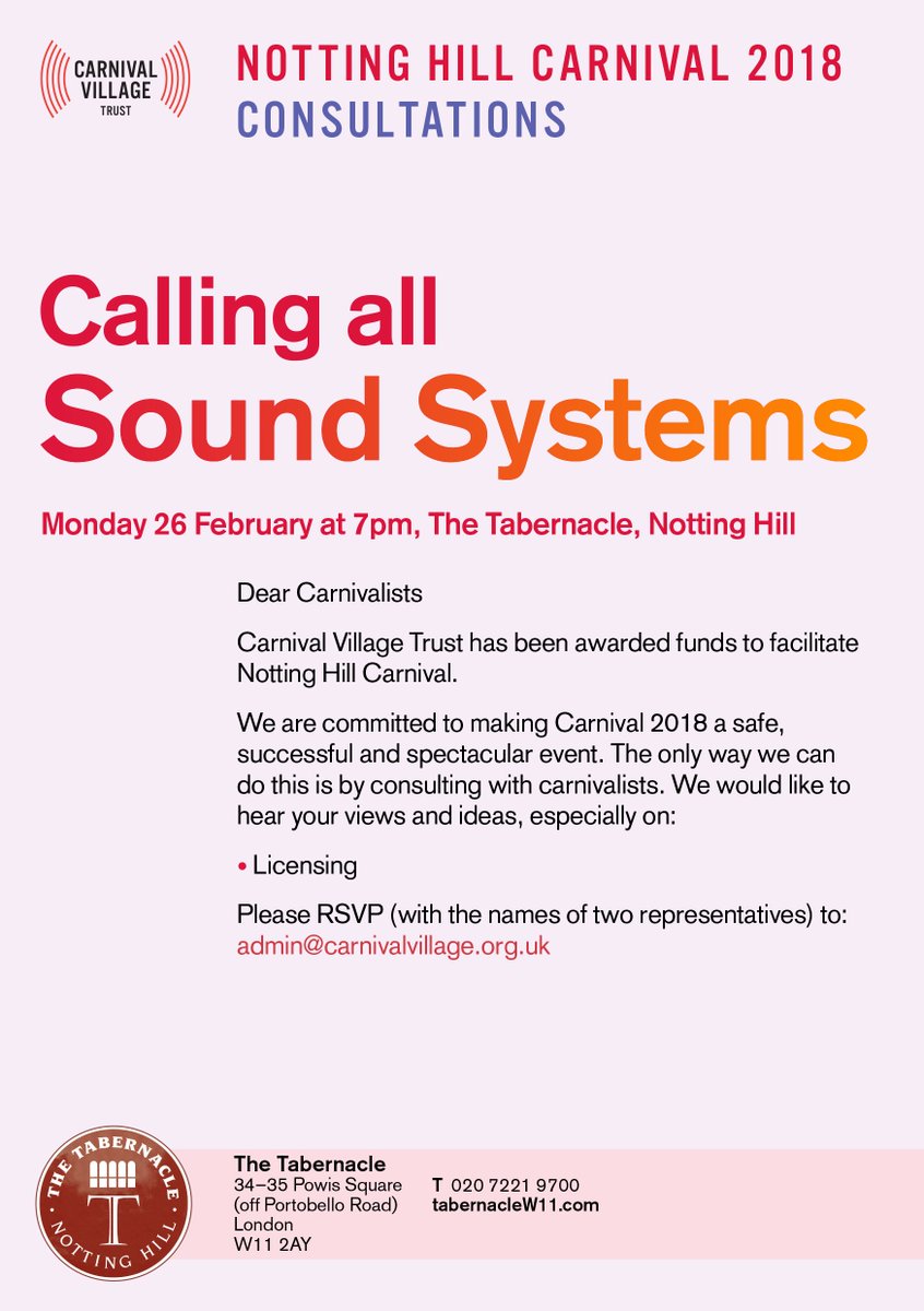 CarnivalVT's tweet photo. Notting Hill Carnival meetings coming up #soundsystems #LNHC2018 #music #cvt #tabernaclew11 https://t.co/b9c4ejmgrN