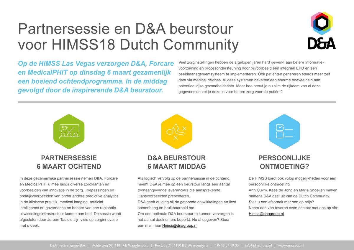 dnamedical's tweet photo. Bekijk het programma van D&amp;A tijdens #HIMSS18 #HIMSSdutchcommunity dit jaar: https://t.co/0pFeUYYRlu https://t.co/B3kK4jRoS9