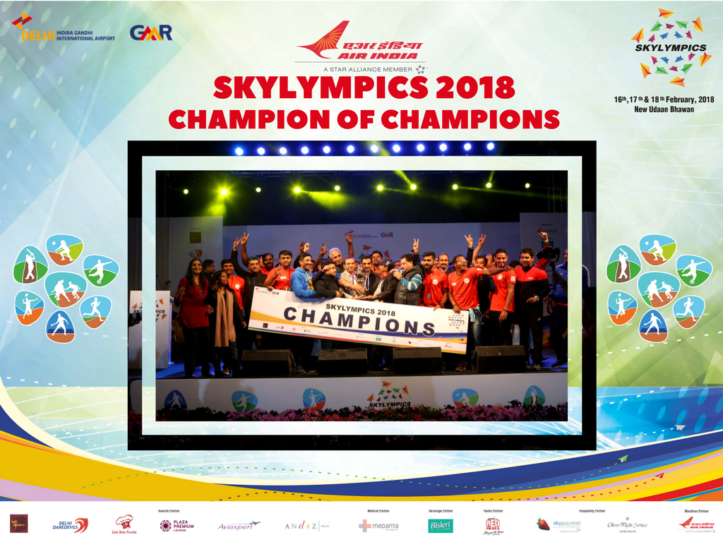 skylympics's tweet photo. "Talent win games, but teamwork and intelligence wins championship" said by the famous basketball player Michael Jorden
Meet the second season @skylympics 2018 Champions- @airindiain team Air India Achievers. Congratulations! 
#Skylympics_2018 #GMR #skylympics #togetherwefly https://t.co/UovWB66SzA