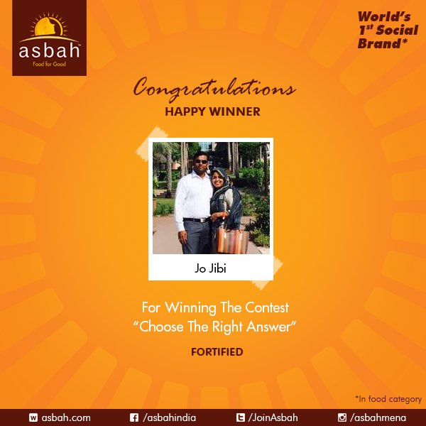 JoinAsbah's tweet photo. Congratulations to the winner of Asbah βChoose The Right Answerβ Contest for winning the exciting Asbah goodies and entry tickets for Gulfood Trade Show 2018.
#Asbah #FoodForGood #Quiz #Winner #ParticipateandWin #ChooseTheRightAnswer https://t.co/YZCa1fcrtR