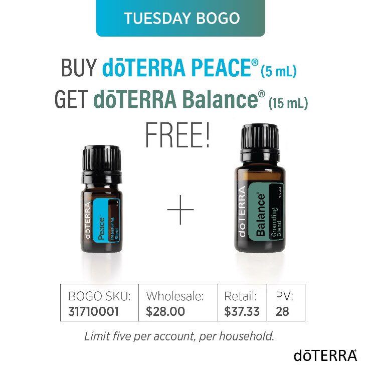 NaturallyHappy_'s tweet photo. First February BOGO!! Today only, buy 5 mL doTERRA Peace® (31710001) get 15 mL doTERRA Balance® (31010001) FREE!

Learn more about these essential oils and how they work together here: https://t.co/oT4feTCXTk

#BOGO #essentialoils #doterra #peace #balance #buyonegetone https://t.co/nrFsSTxz8Z