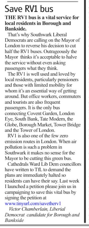 My letter in this week's <a href="/Southwark_News/">Southwark News</a> highlighting the <a href="/swklibdems/">Southwark Lib Dems</a> campaign to save the vital RV1 bus service and the petition I've launched calling for residents and passengers to have their say.  There's still time to sign the petition here: bit.ly/2nNIosY  #saverv1
