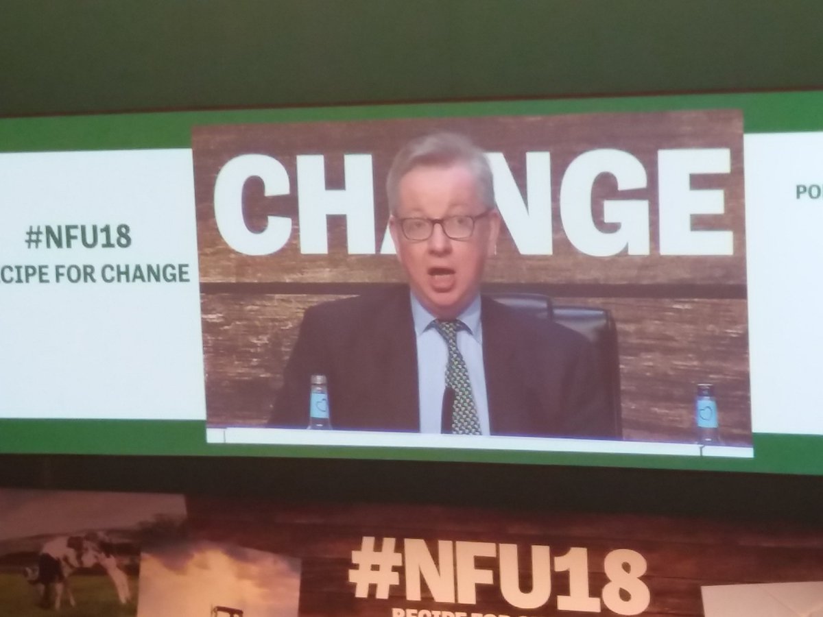 NFUKent's tweet photo. "We won't be signing trade deals which mean farmers are under cut on animal welfare or their high producing standards" Michael Gove #NFU18 https://t.co/h7RfgAjLsn