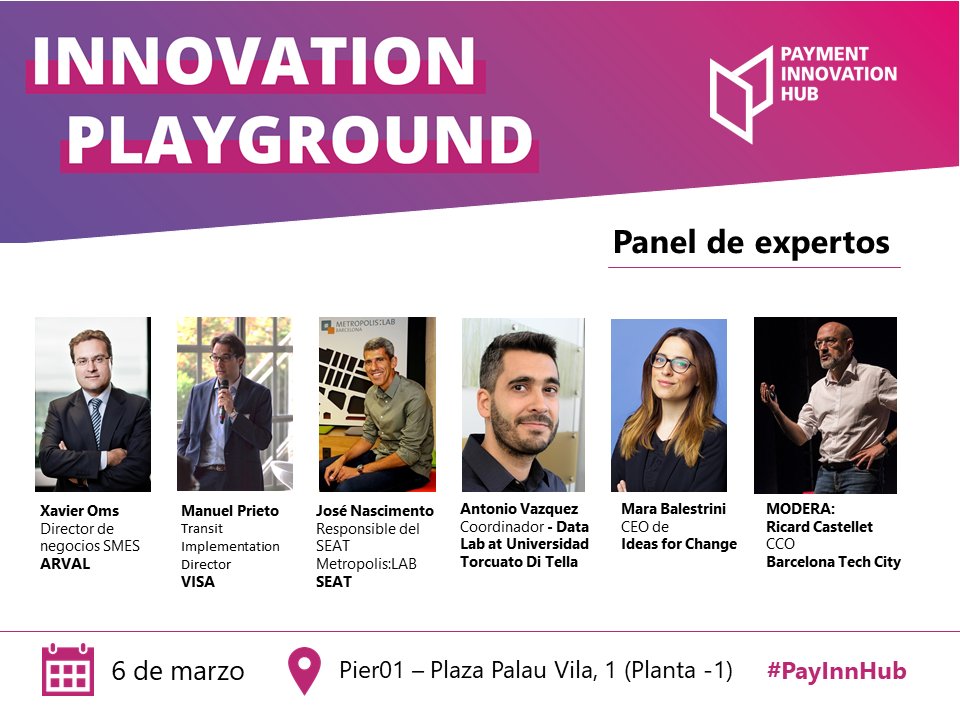 PayInnHub's tweet photo. El 6/03 reunimos un panel de expertos para analizar los pilares clave de las #CiudadesInteligentes: movilidad, IoT y digitalización. Contaremos con @ArvalRenting @Visa_ES @MetroLabBcn Antonio Vázquez y @marabales. Modera @ricardcastellet. Regístrate: https://t.co/CUZZWaMNeq https://t.co/DzAWBA78WJ