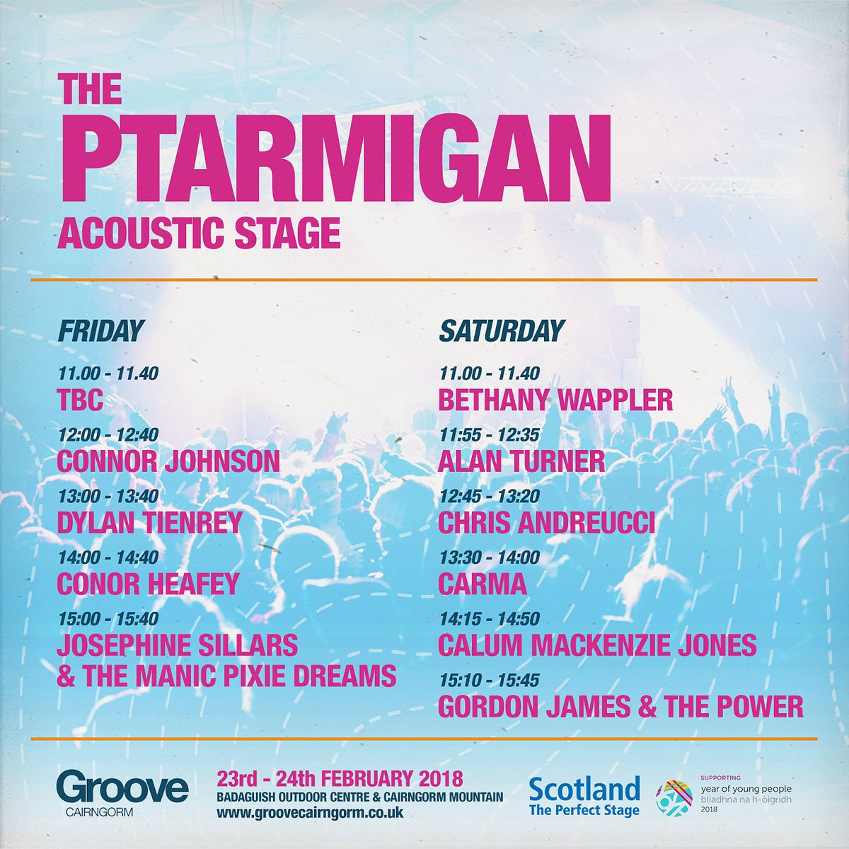 The Ptarmigan Acoustic Stage! * Update running order * 
There will be live acoustic acts performing over the weekend up the UKs highest resturant - The Ptarmigan. Make sure to check them out! 
🎸🎤🎹
#3daystogo #groovecairngorm