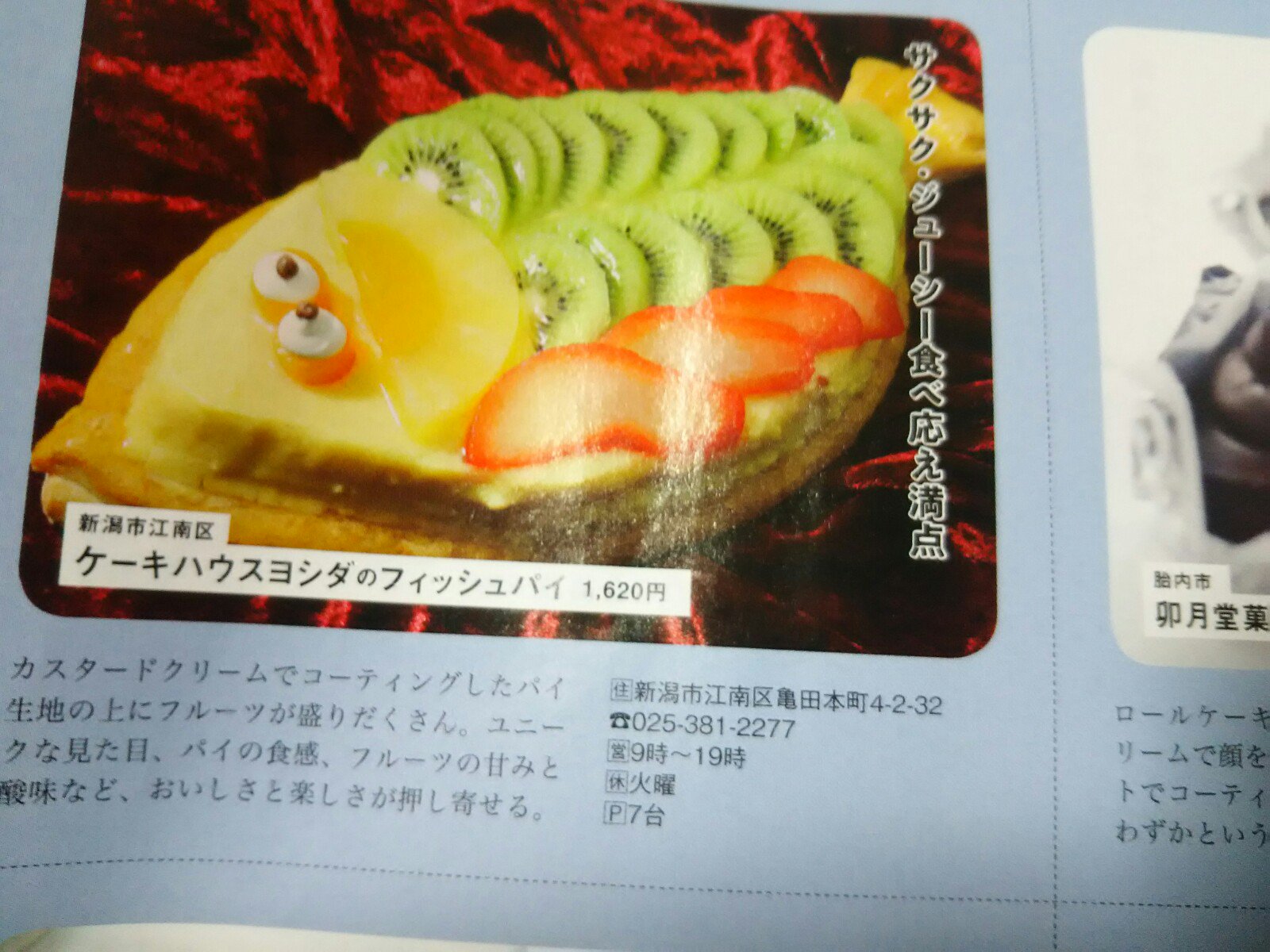 ギャラリーねこい در توییتر 定休日の亀田報告シリーズ 今週号のweek 甘いもの特集で亀田のケーキハウス吉田のフィッシュパイが載っていました お誕生日で頼んだことがありますがパイがサクサクでフルーツがどれも美味しいんですよ 定番の