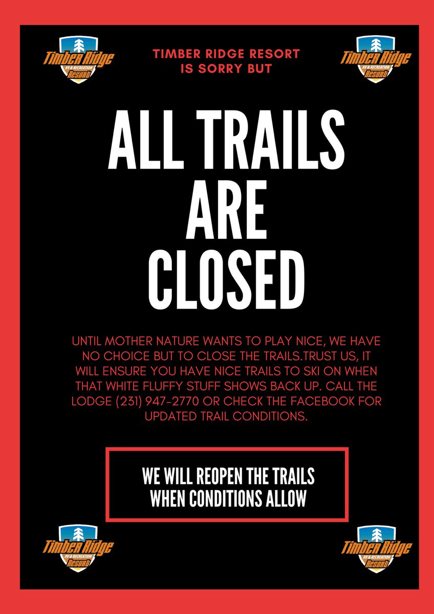 April showers bring....CLOSED TRAILS!! Sorry there are only like 4 words that rhyme with "showers" and none of them made sense! Even though the trails are closed, the after school ski programs will still be happening!! And Wednesday's SheSki-ers will also still be meeting at 6pm!