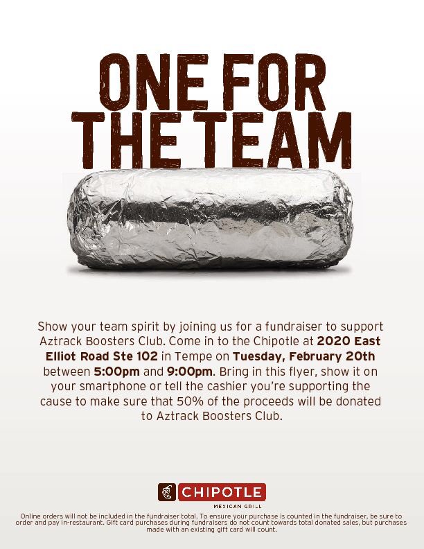 Come out tonight and support the Aztec Track &amp; Field team at Chipotle on E Elliot and 101. Show the flyer and enjoy a tasty dinner! We appreciate your support for the upcoming season!