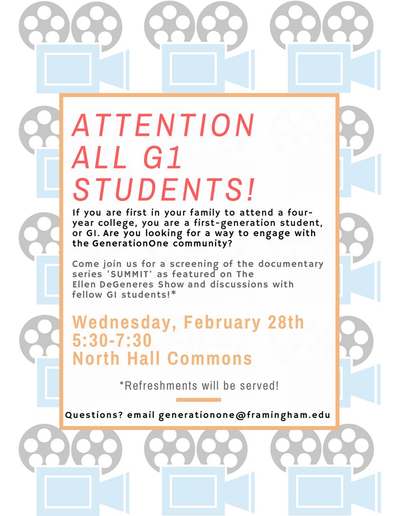 FSU_G1's tweet photo. GenerationOne will be hosting a docuseries screening of ‘SUMMIT’ and having discussions with fellow G1 students. This is an AWESOME opportunity to hang out with friends and to make new connections with the G1 community at @FraminghamU. Share stories, chill out, have fun😎 #G1Fun https://t.co/fsIqKsPw7p