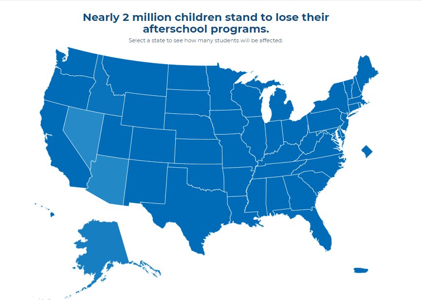afterschool4all's tweet image. The administration wants to cut afterschool programs for nearly 2 million kids nationwide. Learn about the impact in your state: ow.ly/YhRt30ioTIb #AfterschoolWorks